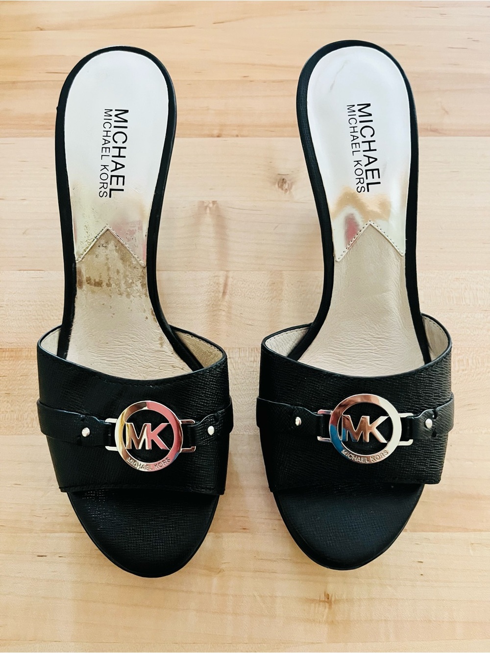 Michael Kors Black Slip-On Mules with Silver MK Emblem, Sz 7.5